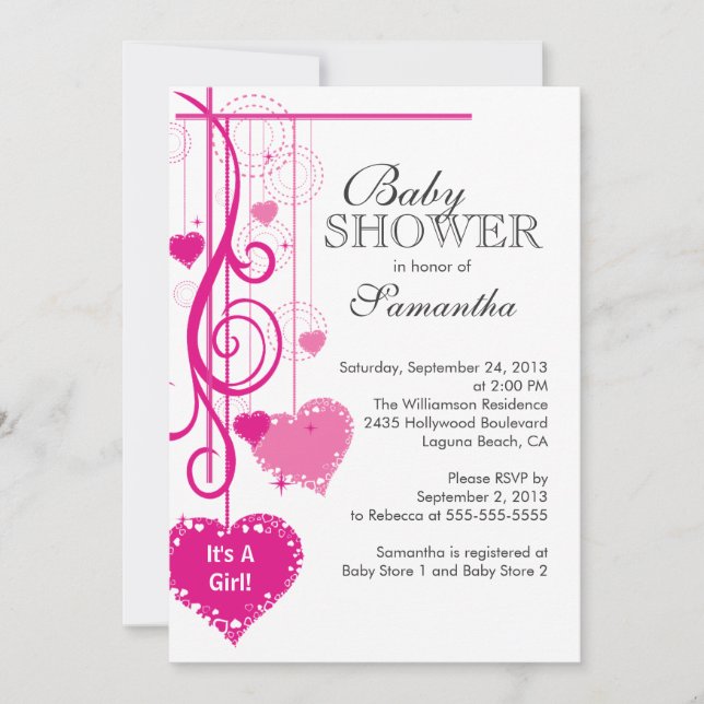 Modern Hanging Pink Hearts Baby Shower Invitation (Front)