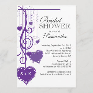Modern Hanging Purple Hearts Bridal Shower Invitation