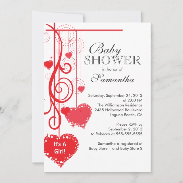 Modern Hanging Red Hearts Baby Shower Invitation (Front)
