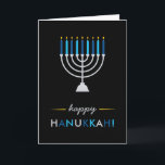 Modern Hanukkah Black with Silver Menorah and Blue Holiday Card<br><div class="desc">This modern,  elegant Hanukkah card features a silver Menorah with blue and turquoise candles and yellow gold flames,  on a black background.</div>
