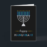 Modern Hanukkah Black with Silver Menorah and Blue Holiday Card<br><div class="desc">This modern,  elegant Hanukkah card features a silver Menorah with blue and turquoise candles and yellow gold flames,  on a black background.</div>