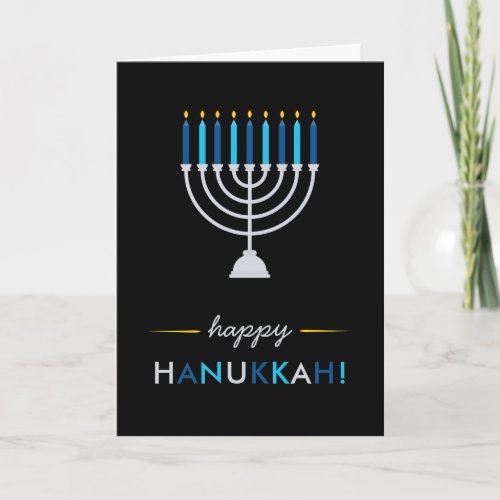 Modern Hanukkah Black with Silver Menorah and Blue Holiday Card