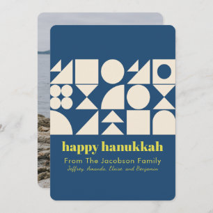 Modern Hanukkah Blue Geometric Back Photo  Holiday Card