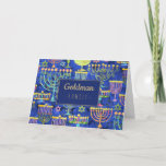 Modern Hanukkah Blue Gold Menorah Star of David Holiday Card<br><div class="desc">This modern custom Hanukkah card features a pattern of gold, green and purple menorah and gold Star of David on a blue background with your family name in the center.. Inside there is a greeting and signature for you to personalize accented by two menorah. Designed by world renowned artist Tim...</div>