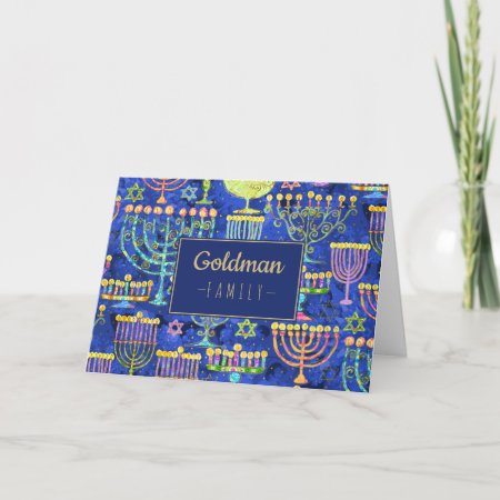 Modern Hanukkah Blue Gold Menorah Star Of David Holiday Card