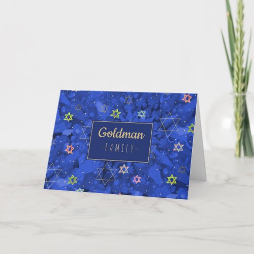 Modern Hanukkah Blue Gold Menorah Star of David Holiday Card