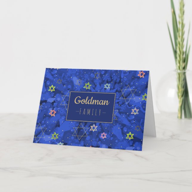 Modern Hanukkah Blue Gold Menorah Star of David Holiday Card (Front)