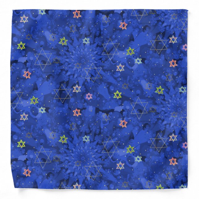 Modern Hanukkah Blue Gold Star of David Pattern Bandana (Front)