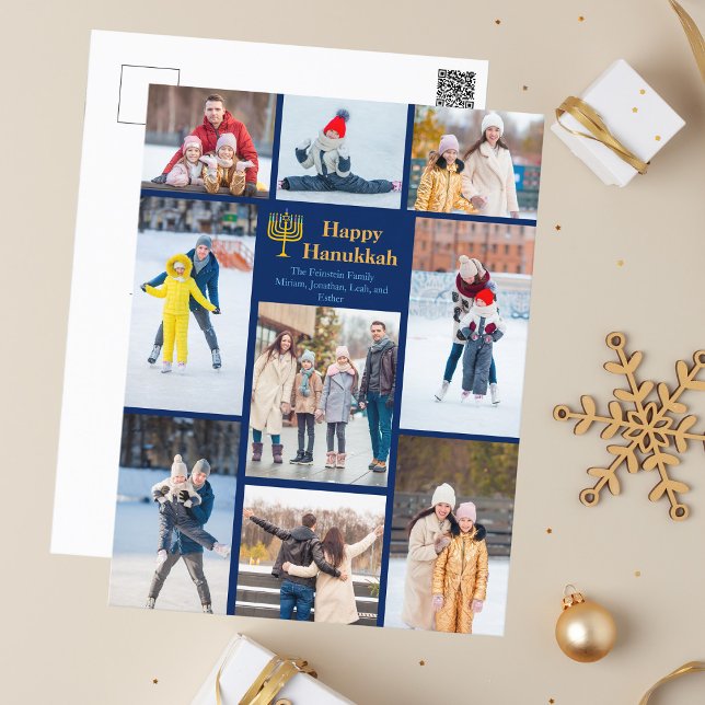 Modern Hanukkah Family Photo Collage Blue Gold Holiday Postcard (Creator Uploaded)