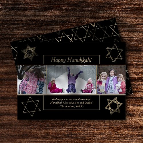 Modern Hanukkah Gold Wishful Star of David 3 Photo Holiday Card