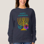 Modern Hanukkah HAPPY CHANUKAH Sweatshirt<br><div class="desc">Modern Hanukkah HAPPY CHANUKAH unisex sweatshirt, with CUSTOMIZABLE TEXT, designed with faux gold menorah, colorful Star of David and silver colored dreidel plus CUSTOMIZABLE GREETING, so you can create your own greeting. Ideal men's or women's sweater for Hanukkah season. Choose from a wide section of Hanukkah clothing and gifts, designed...</div>