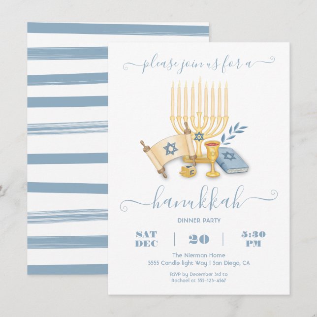 Modern Hanukkah Party watercolor Invitation (Front/Back)