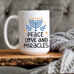 Modern Hanukkah Peace, Love & Miracles  Large Coffee Mug<br><div class="desc">Modern yet simple design with this colorful large Hanukkah Coffee Mug featuring double-sided printing "Peace Love and Miracles" It showcases a simple menorah design in blue and yellow with fun typography. This mug is designed to hold 15 oz. but is also available in an 11 oz. size. Both microwave and...</div>