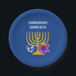 Modern HANUKKAH SAMEACH  Paper Plates<br><div class="desc">Modern, stylish HANUKKAH paper plates, designed with faux gold menorah, colorful Star of David and white dreidel plus CUSTOMIZABLE GREETING - HANUKKAH SAMEACH, so you can create your own greeting, eg. Happy Chanukah, add your name, etc. Ideal for Hanukkah season. Choose from a wide section of Hanukkah clothing and gifts,...</div>