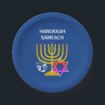 Modern HANUKKAH SAMEACH  Paper Plates<br><div class="desc">Modern, stylish HANUKKAH paper plates, designed with faux gold menorah, colorful Star of David and white dreidel plus CUSTOMIZABLE GREETING - HANUKKAH SAMEACH, so you can create your own greeting, eg. Happy Chanukah, add your name, etc. Ideal for Hanukkah season. Choose from a wide section of Hanukkah clothing and gifts,...</div>