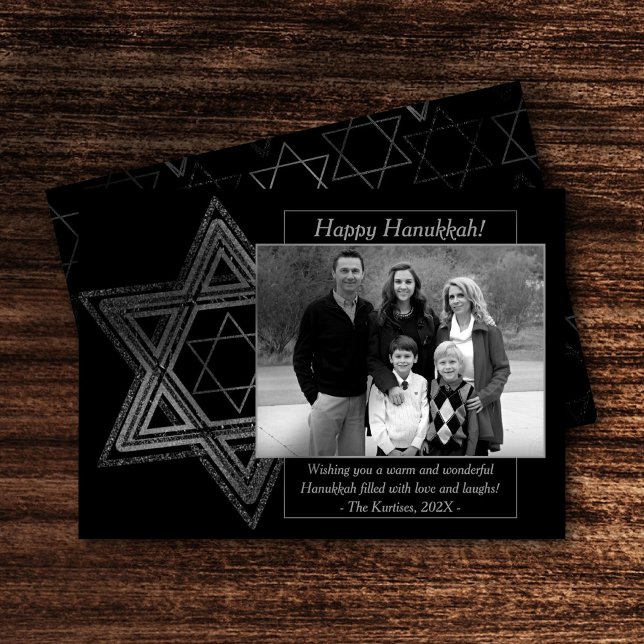 Modern Hanukkah Silver Wishful Star of David Photo Holiday Card (Creator Uploaded)
