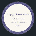 Modern Hanukkah Star Lines Elegant Blue Custom Classic Round Sticker<br><div class="desc">Wish friends and family a Happy Hanukkah with this elegant sticker featuring a modern Jewish star line pattern in vibrant blue and white,  personalized with your photo,  greeting,  and name.</div>