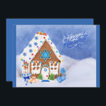 Modern Hanukkah Star of David Gingerbread House  Holiday Card<br><div class="desc">Celebrate the Jewish holidays with this beautiful and unique greeting card. What a beautiful card to bless your friends and family during the Festival of Lights. This modern design features a gingerbread house with the Star of David, dreidel, jelly donuts, and various candies in the traditional blue and white Hanukkah...</div>