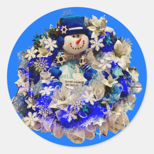 Modern Hanukkah Star of David Snowman Wreath  Classic Round Sticker