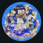 Modern Hanukkah Star of David Snowman Wreath  Classic Round Sticker<br><div class="desc">Celebrate the Jewish holidays and winter season with these beautiful stickers (labels). What a beautiful touch to your cards, envelopes, gift wrap, favor bags, or food jars. Also makes the perfect little gift for children during the Festival of Lights. This modern design features a happy snowman wearing a blue velvet...</div>
