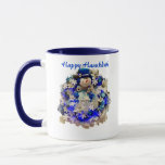 Modern Hanukkah Star of David Snowman Wreath  Mug<br><div class="desc">Celebrate the Jewish holidays and winter season with this gorgeous beverage mug. What a beautiful way to commemorate Hanukkah and the Festival of Lights. This modern design features a happy snowman wearing a blue velvet top hat with a Star of David on the brim, earmuffs, mittens, and a blue striped...</div>