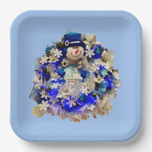 Modern Hanukkah Star of David Snowman Wreath Paper Plates