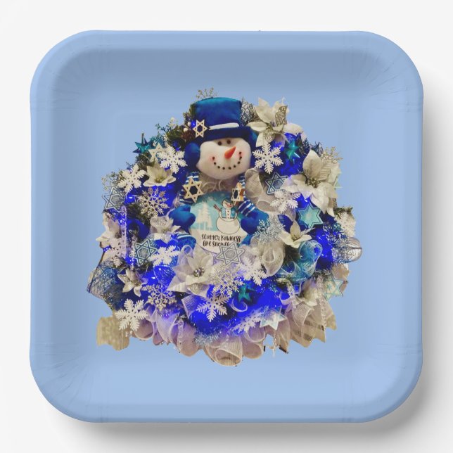 Modern Hanukkah Star of David Snowman Wreath  Paper Plates (Front)