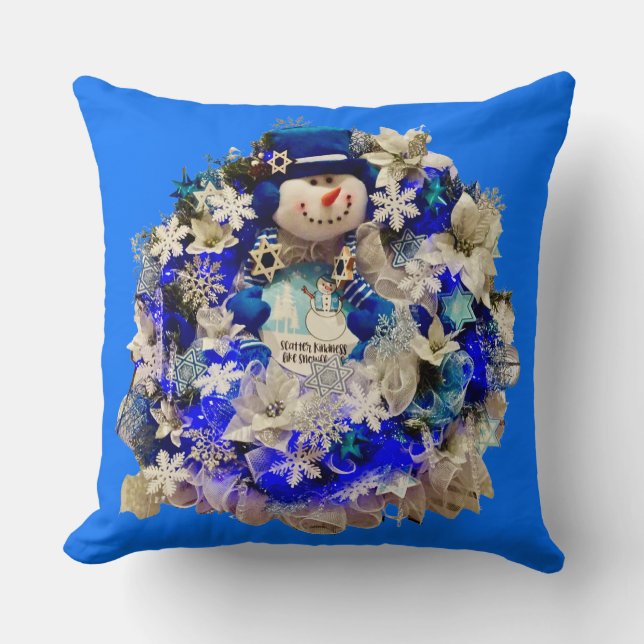 Modern Hanukkah Star of David Snowman Wreath Throw Pillow (Front)