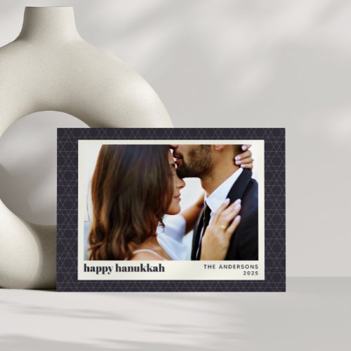 Modern Hanukkah Star Pattern Navy Blue Two Photo Holiday Card