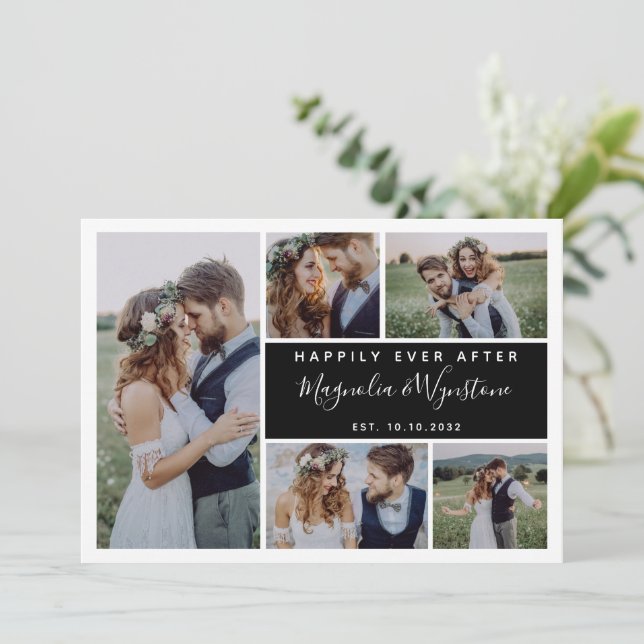 Modern Happily Ever After Photo Collage Wedding  Thank You Card (Standing Front)