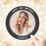 Modern Happy 21st Birthday Photo Black Classic Round Sticker<br><div class="desc">Personalized Happy 21st Birthday Sticker is a simple, modern and classic design in black and white, composed of your custom photo and sans serif modern typography text with the words "Happy 21st Birthday". Use this sticker as a gift tag, a happy 21st bday party favor sticker or even a cupcake...</div>