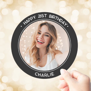 Modern Happy 21st Birthday Photo Black Classic Round Sticker