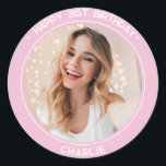 Modern Happy 21st Birthday Photo Pink Classic Round Sticker<br><div class="desc">Personalized Happy 21st Birthday Sticker is a simple, modern and classic design in baby pink, composed of your custom photo and sans serif modern typography text with the words "Happy 21st Birthday". Use this sticker as a gift tag, a happy 21st bday party favor sticker or even a cupcake topper...</div>