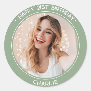 Modern Happy 21st Birthday sage green Photo Classic Round Sticker