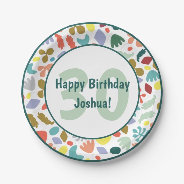 Modern Happy 30th Birthday Custom Name Paper Plates (Front)
