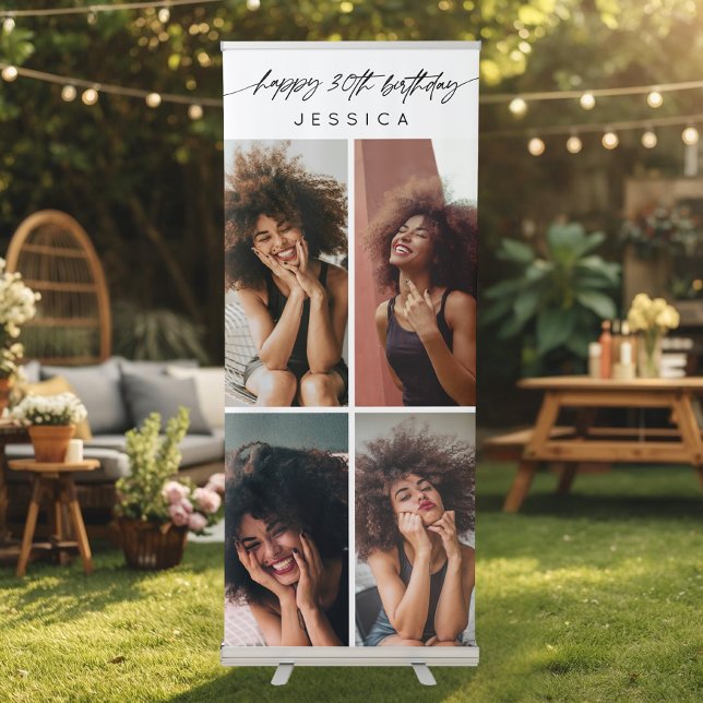 Modern Happy 30th Birthday Script Photo Collage Retractable Banner (Creator Uploaded)