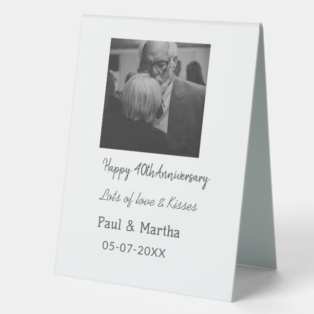 Modern happy 40th anniversary add name date photo table tent (Front)