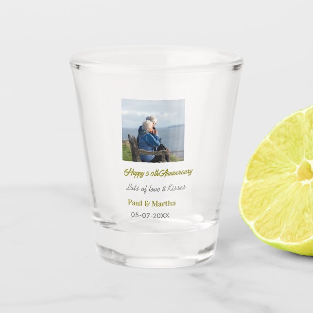 Modern happy 50th anniversary add name date photo  shot glass (Front)