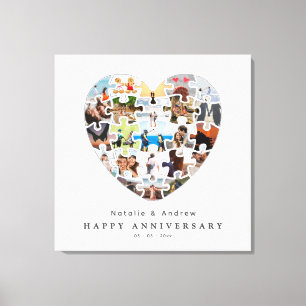 Modern Happy Anniversary Heart Puzzle Collage Canvas Print