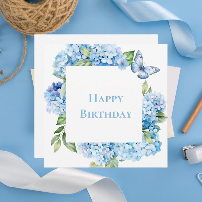 Modern Happy Birthday Blue Hydrangea Chic Note Card (Creator Uploaded)
