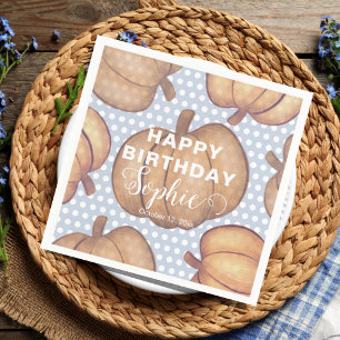 Modern Happy Birthday Blue & Orange Pumpkin Party Napkins