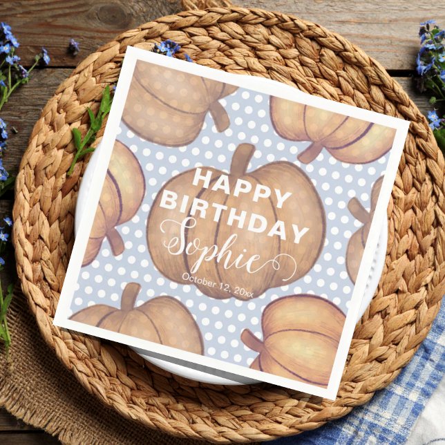 Modern Happy Birthday Blue & Orange Pumpkin Party  Napkins (Creator Uploaded)