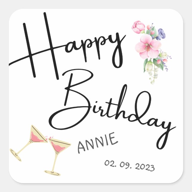 Modern happy birthday personalized square sticker (Front)