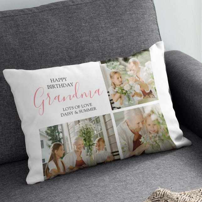 Modern Happy Birthday Photo Collage Lumbar Pillow (Creator Uploaded)