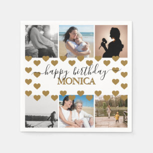 Modern Happy Birthday Photo Collage Name Script Napkins