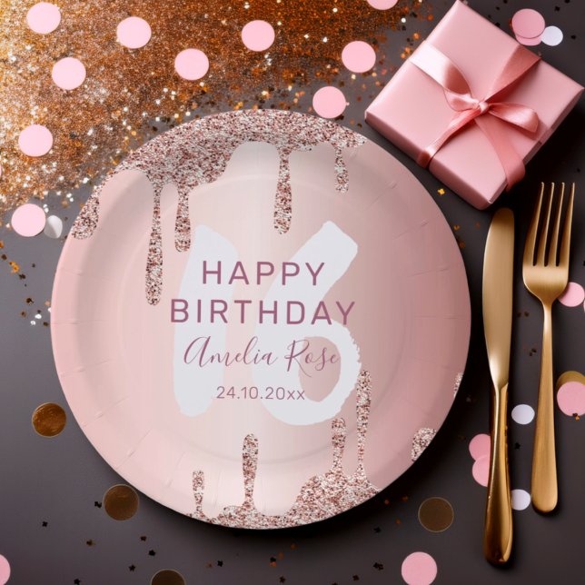 Modern Happy Birthday Rose Gold Glitter  Paper Plates (Creator Uploaded)
