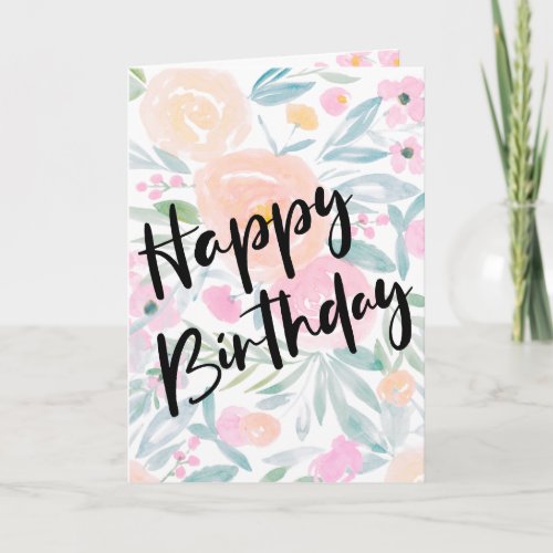 Modern happy birthday script pastel floral bouquet card