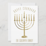 Modern Happy Chanukah Menorah Holiday Photo Card<br><div class="desc">Share your holiday wishes this Chanukah season with a unique personalized photo flat card. This festive design features a gold menorah on the front of the card. Above reads "Happy Chanukah" and a family name below which may be personalized. The back of the card features a family photo for you...</div>