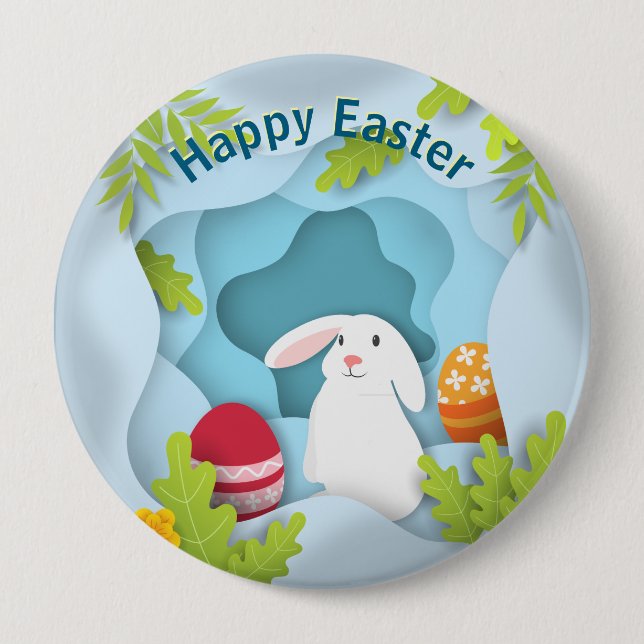 Modern Happy Easter Bunny I 3D Easter Egg Design Button (Front)