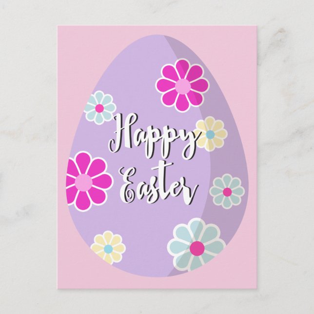 Modern Happy Easter Egg Illustration with flowers Postcard (Front)